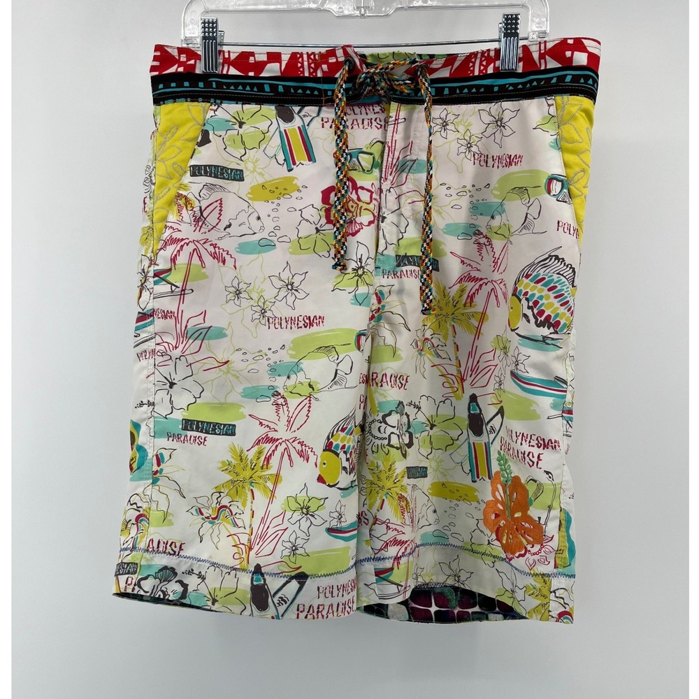 Robert Graham Board Shorts Men 32 White Polynesian Paradise Tropical Swim Trunks